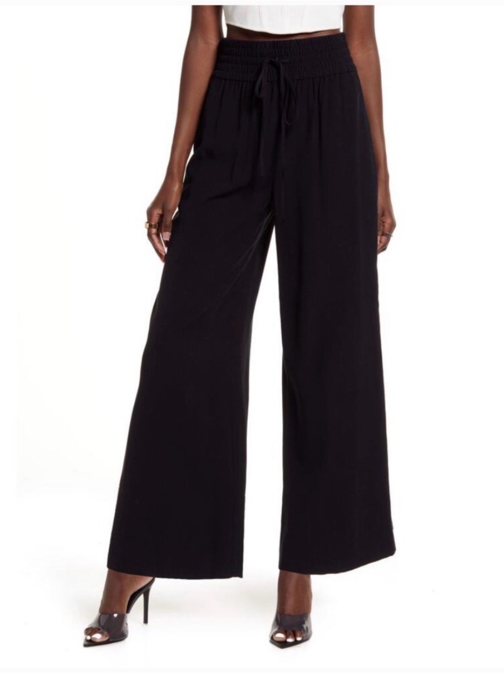 Open Edit Black Drawstring Wide-Leg Palazzo Pants